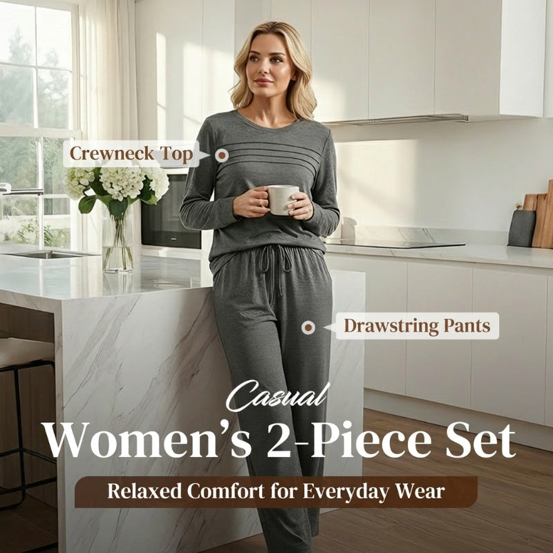 Crew Neck Drawstring 2‑Piece Loungewear Set 👚 Soft Matching Top & Pants