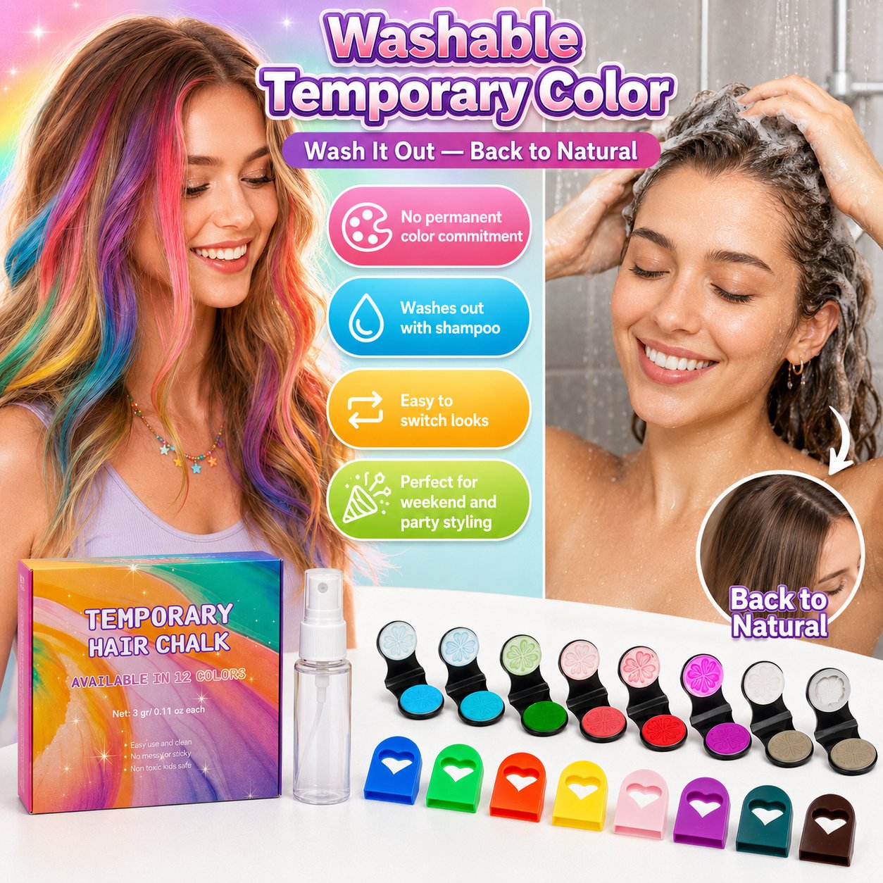 🔥Last Day 50% OFF - 🌈12-Color Temporary Hair Chalk Applicator Set