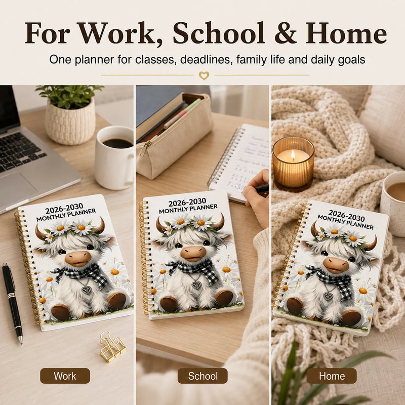 🐮 2026-2030 Calendar 📅 - From January 2026 to December 2030, 5-year calendar, cartoon Highland cow themed cover design, annual calendar planning, month labels, 60-month calendar