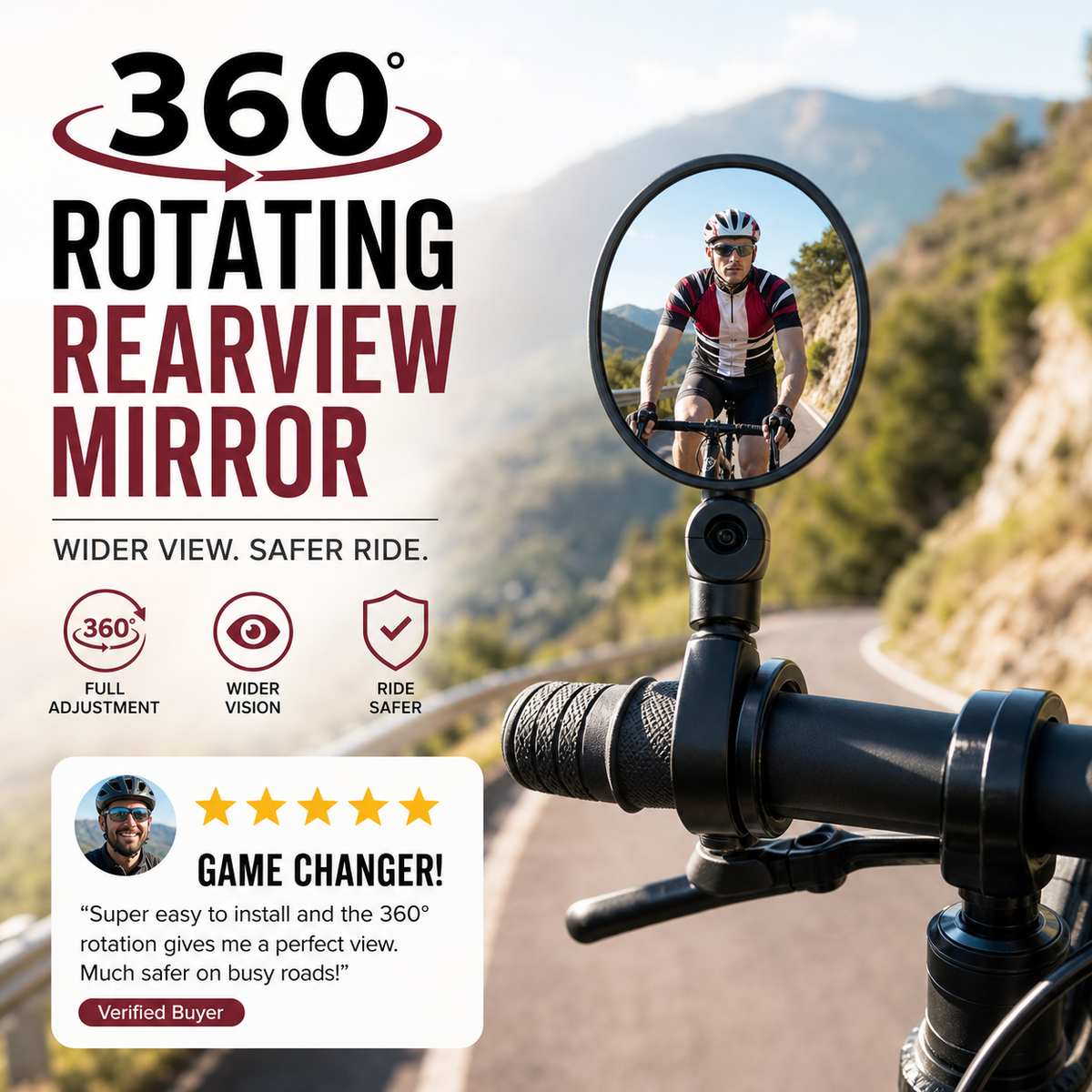 ⏳🔥LIMITED-TIME 50% OFF! ⏰360° Rotating Rearview Mirror – Clear view behind, no more neck twisting. Fits bikes, e‑bikes & motorcycles. Tool‑free silicone strap! 🛡️✨
