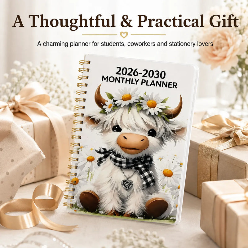 🐮 2026-2030 Calendar 📅 - From January 2026 to December 2030, 5-year calendar, cartoon Highland cow themed cover design, annual calendar planning, month labels, 60-month calendar