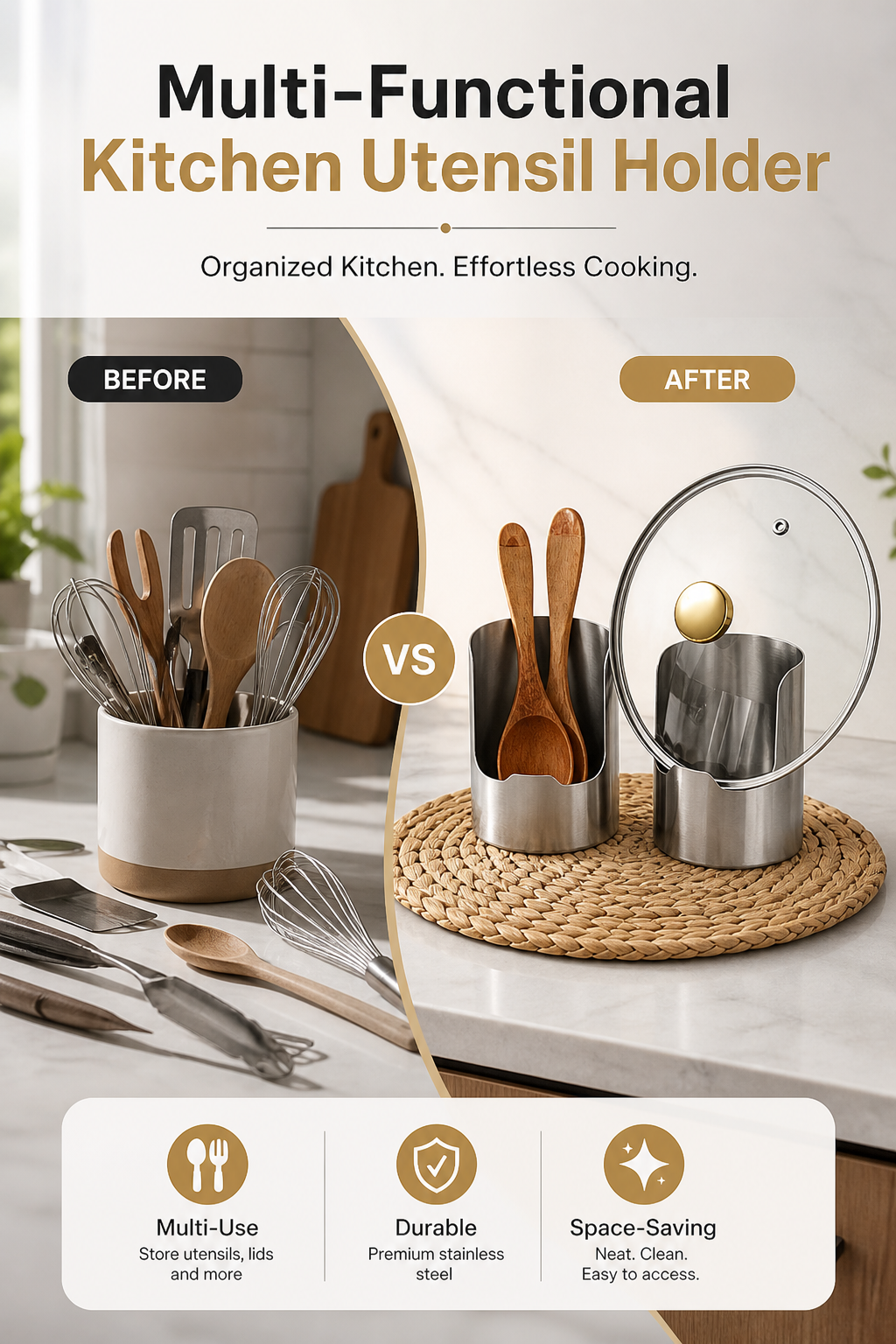 🍳Multi‑Functional Kitchen Utensil Holder, Stainless Steel Organizer, for Spoons, Pot Lids & Cooking Gadgets, Countertop Kitchen Storage