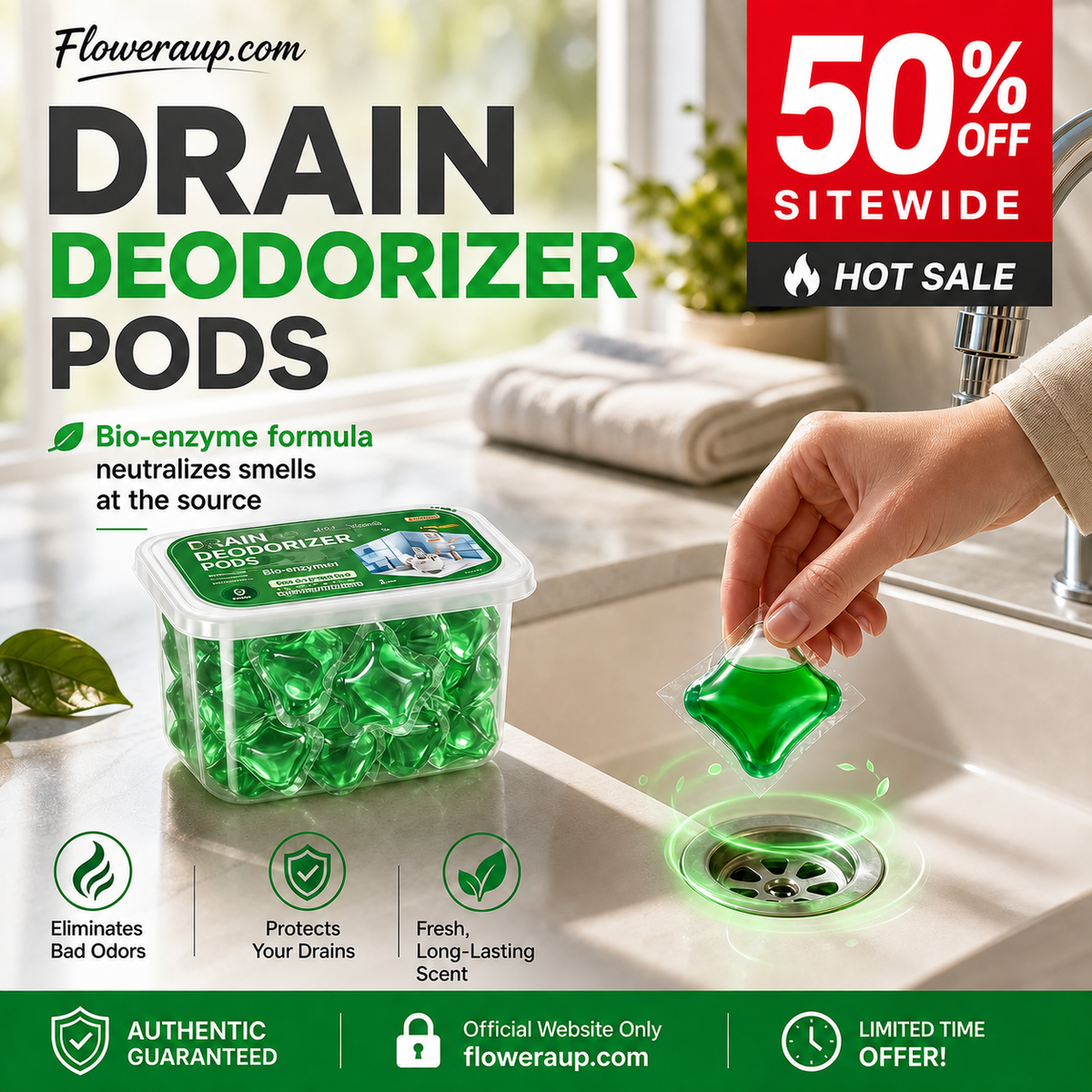 🥳2026 HOT SALE🥳💞50K+ SOLD!🏠💧 50% OFF! Drain Deodorizer Pods – Bio‑enzyme formula neutralizes smells at the source. Instant fresh scent, no harsh chemicals. Say goodbye to embarrassing odours. 🚰✅
