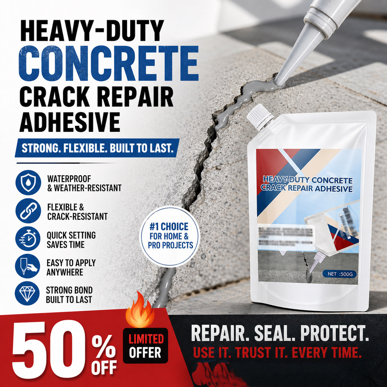 🔥Limited time 50% OFF! 👷‍♂️ Easily repair concrete surfaces! Heavy-Duty Concrete Crack Repair Adhesive