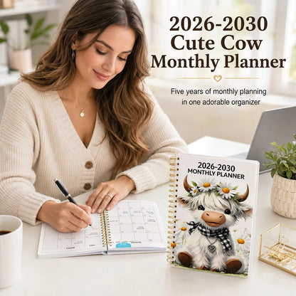 🐮 2026-2030 Calendar 📅 - From January 2026 to December 2030, 5-year calendar, cartoon Highland cow themed cover design, annual calendar planning, month labels, 60-month calendar