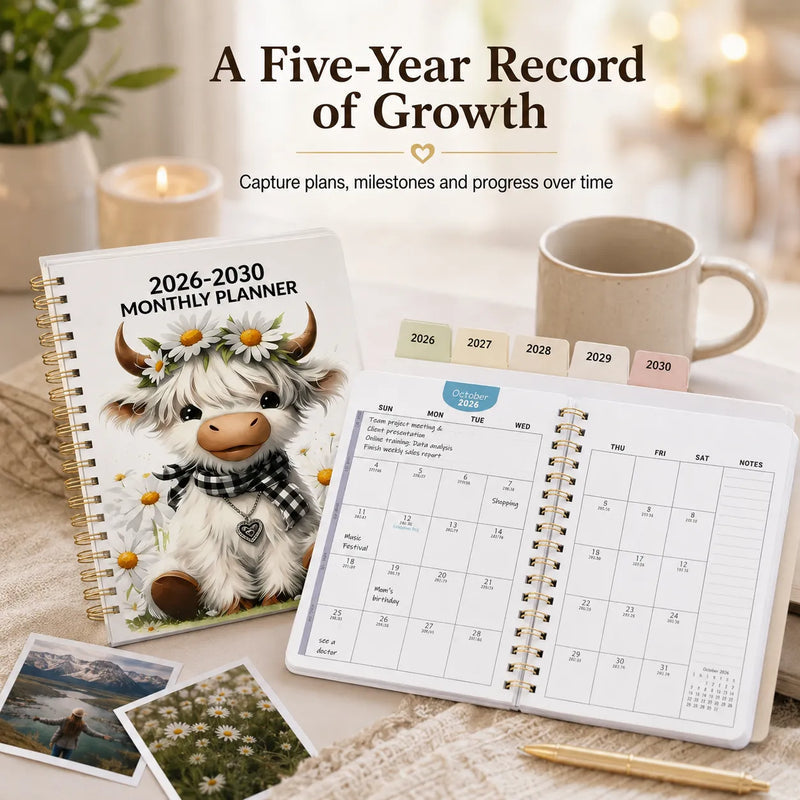 🐮 2026-2030 Calendar 📅 - From January 2026 to December 2030, 5-year calendar, cartoon Highland cow themed cover design, annual calendar planning, month labels, 60-month calendar