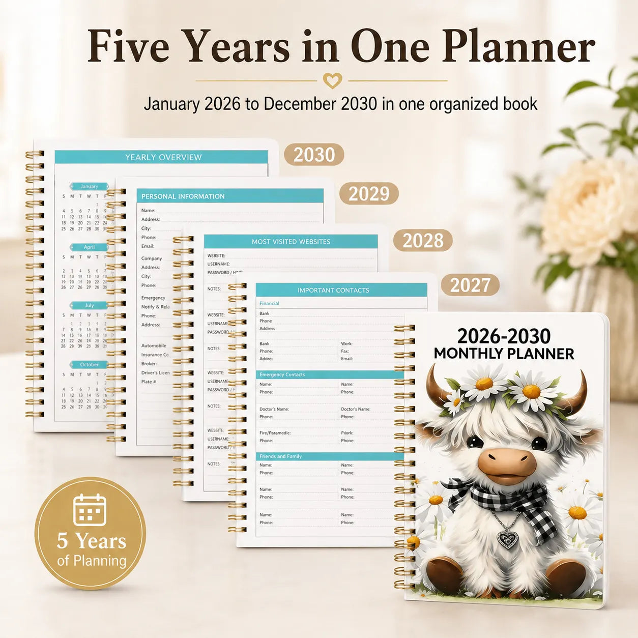 🐮 2026-2030 Calendar 📅 - From January 2026 to December 2030, 5-year calendar, cartoon Highland cow themed cover design, annual calendar planning, month labels, 60-month calendar