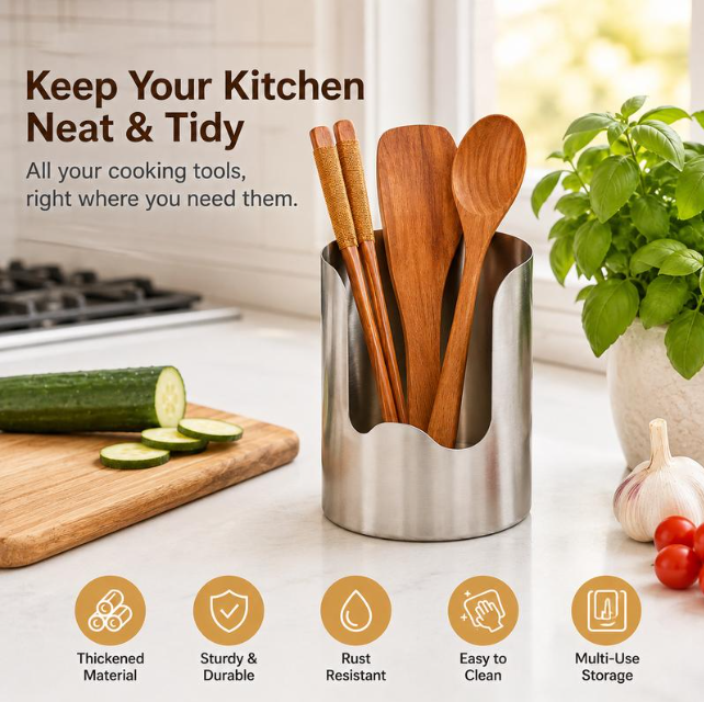 🍳Multi‑Functional Kitchen Utensil Holder, Stainless Steel Organizer, for Spoons, Pot Lids & Cooking Gadgets, Countertop Kitchen Storage