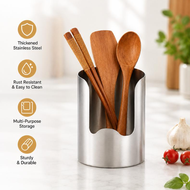 🍳Multi‑Functional Kitchen Utensil Holder, Stainless Steel Organizer, for Spoons, Pot Lids & Cooking Gadgets, Countertop Kitchen Storage