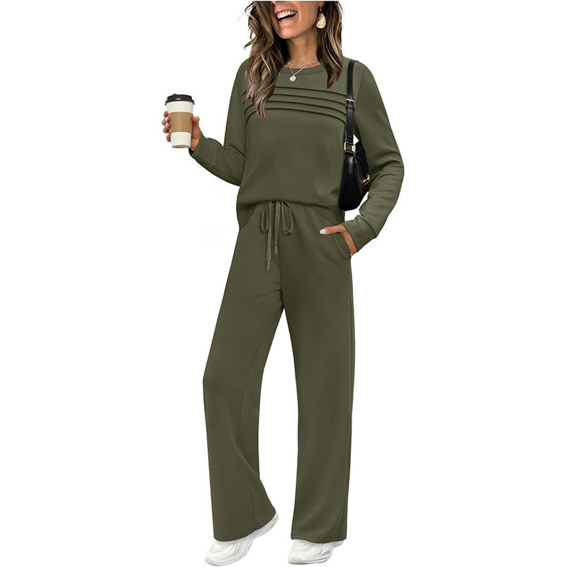 Crew Neck Drawstring 2‑Piece Loungewear Set 👚 Soft Matching Top & Pants