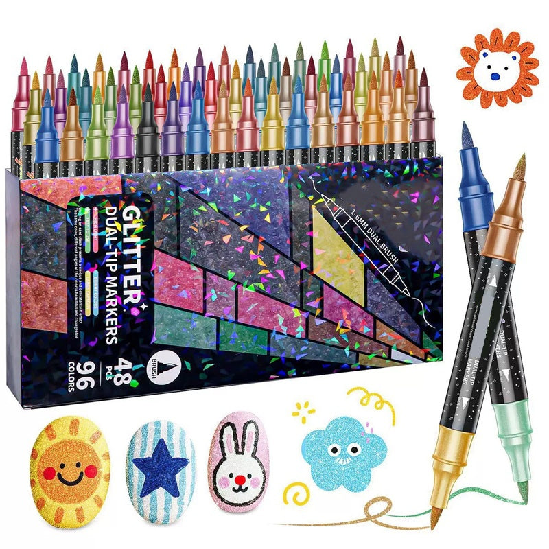 🎨Glitter Effect Brush Markers🥇✨: Create Sparkling Art Smoothly 🥳(🌈24-96 Colors | Smooth No Clog | No Bleed Through📝)