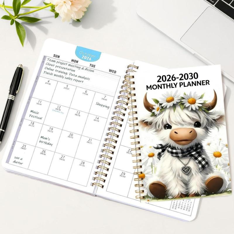 🐮 2026-2030 Calendar 📅 - From January 2026 to December 2030, 5-year calendar, cartoon Highland cow themed cover design, annual calendar planning, month labels, 60-month calendar