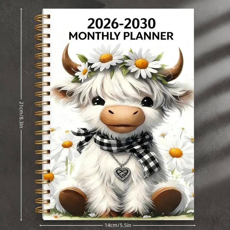 🐮 2026-2030 Calendar 📅 - From January 2026 to December 2030, 5-year calendar, cartoon Highland cow themed cover design, annual calendar planning, month labels, 60-month calendar