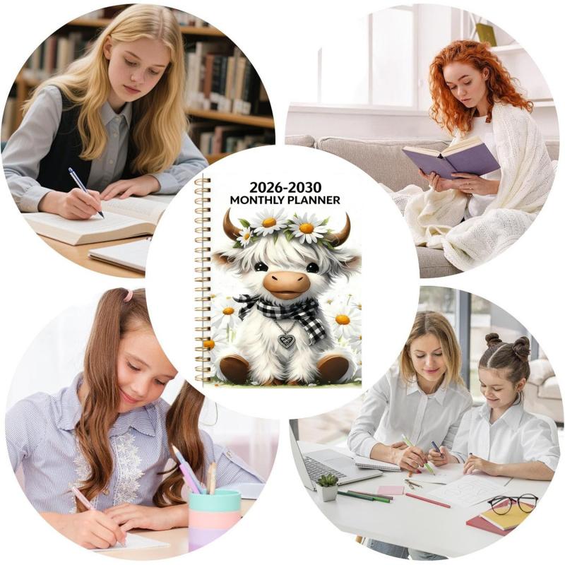 🐮 2026-2030 Calendar 📅 - From January 2026 to December 2030, 5-year calendar, cartoon Highland cow themed cover design, annual calendar planning, month labels, 60-month calendar